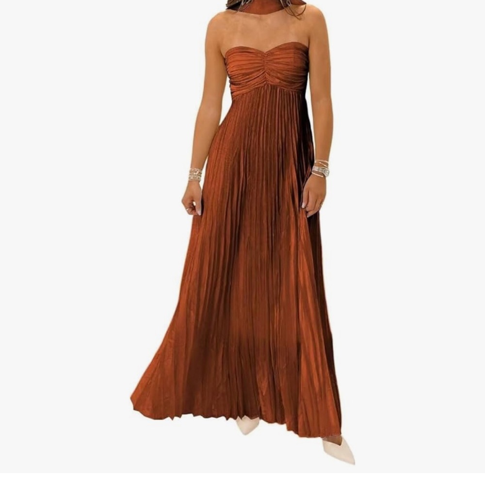 Elegant Burnt Orange Strapless Maxi Dress with Neck Scarf